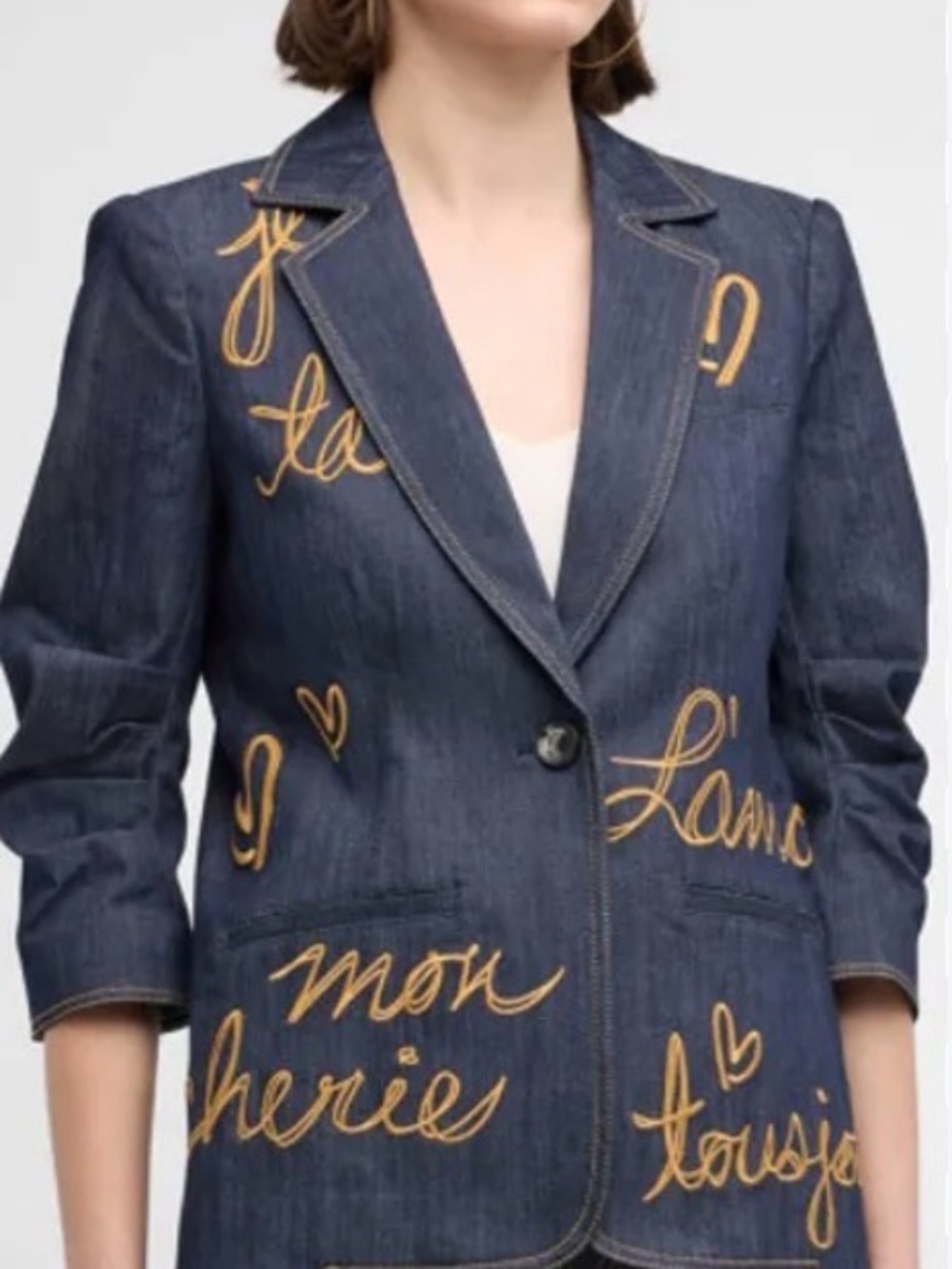 cinq a sept Khloe L’Amour Navy Denim Blazer with Gold Script Embroidery